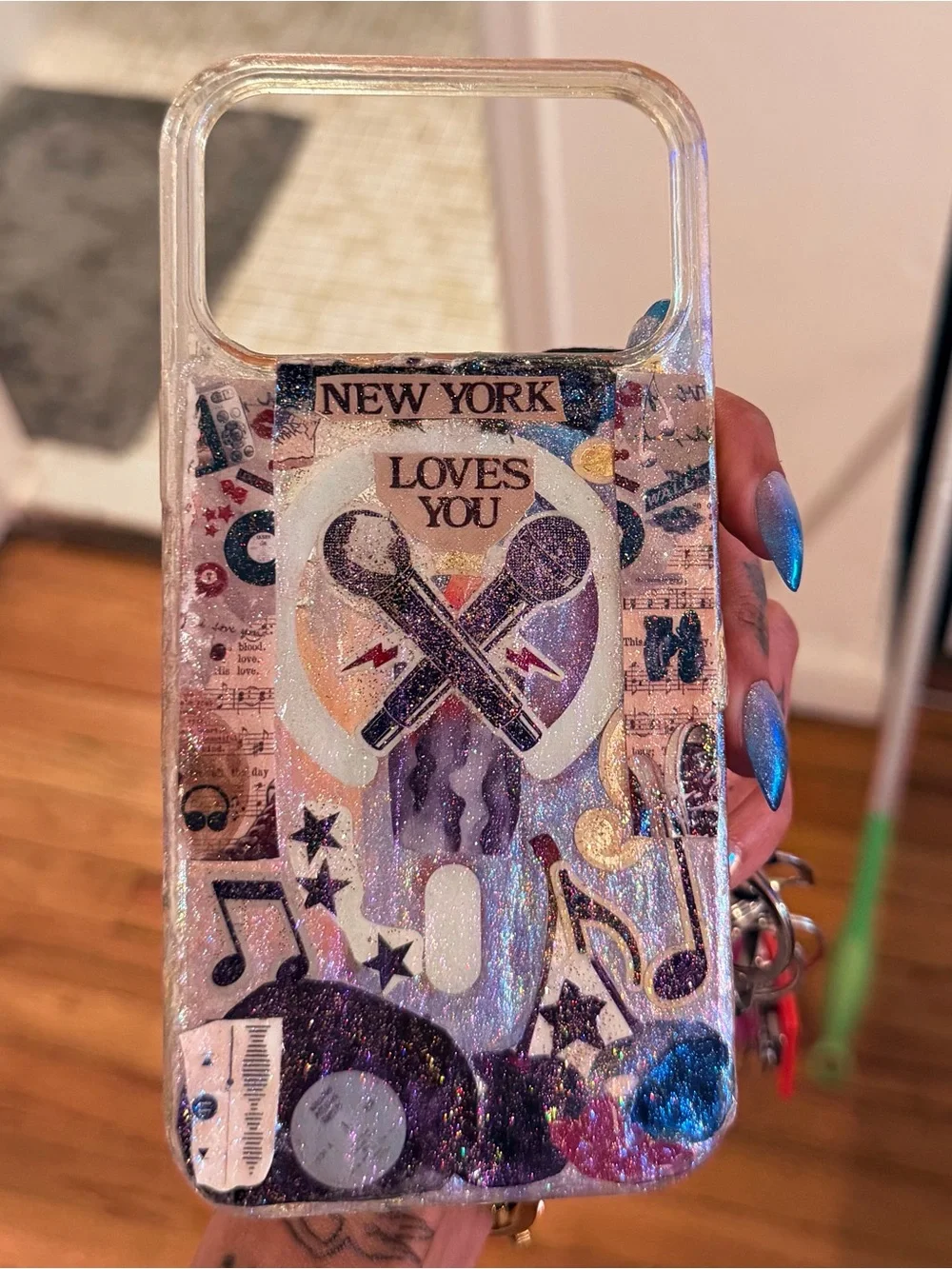 Iridescent Glitter Music & 'New York Loves You' Handmade IPhone 17 pro max case